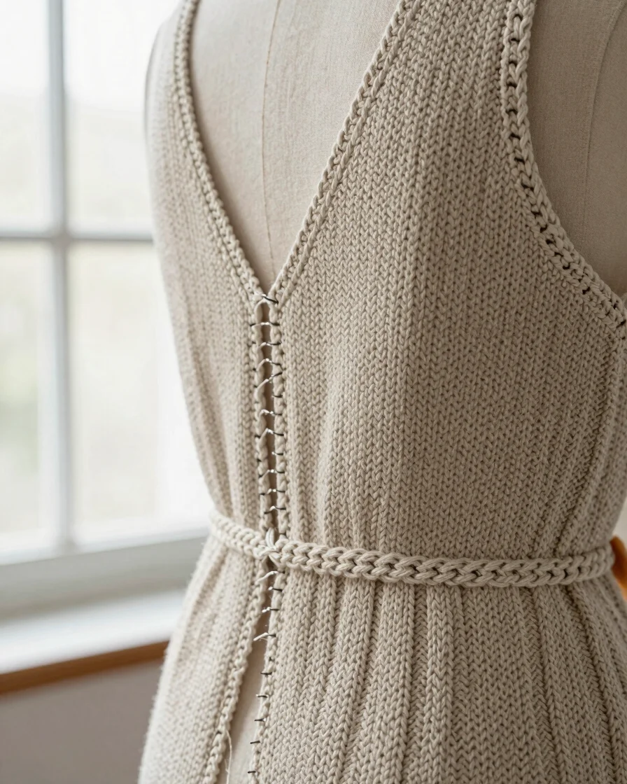 Close detail of stitches and shaping on a crocheted waistcoat in soft even workshop light, showing knit texture and seam