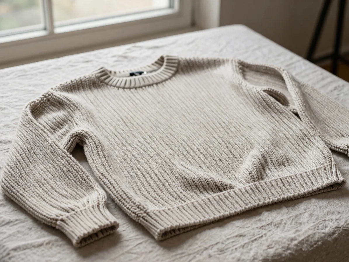 Finished knit pullover laid flat on a neutral linen surface, soft window daylight, close focus on stitch density and rib
