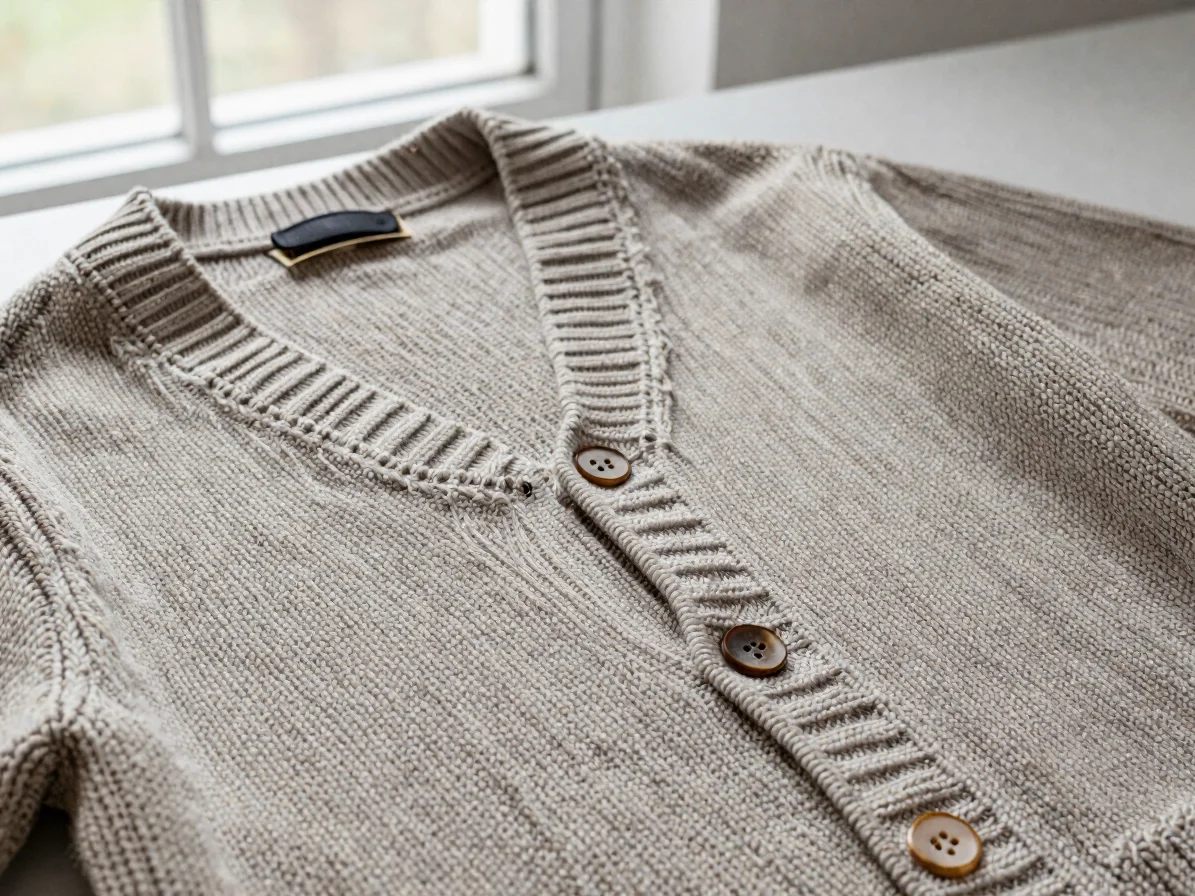 Knit cardigan with visible button band and collar seam, even workshop light, close detail of stitch structure and seam f