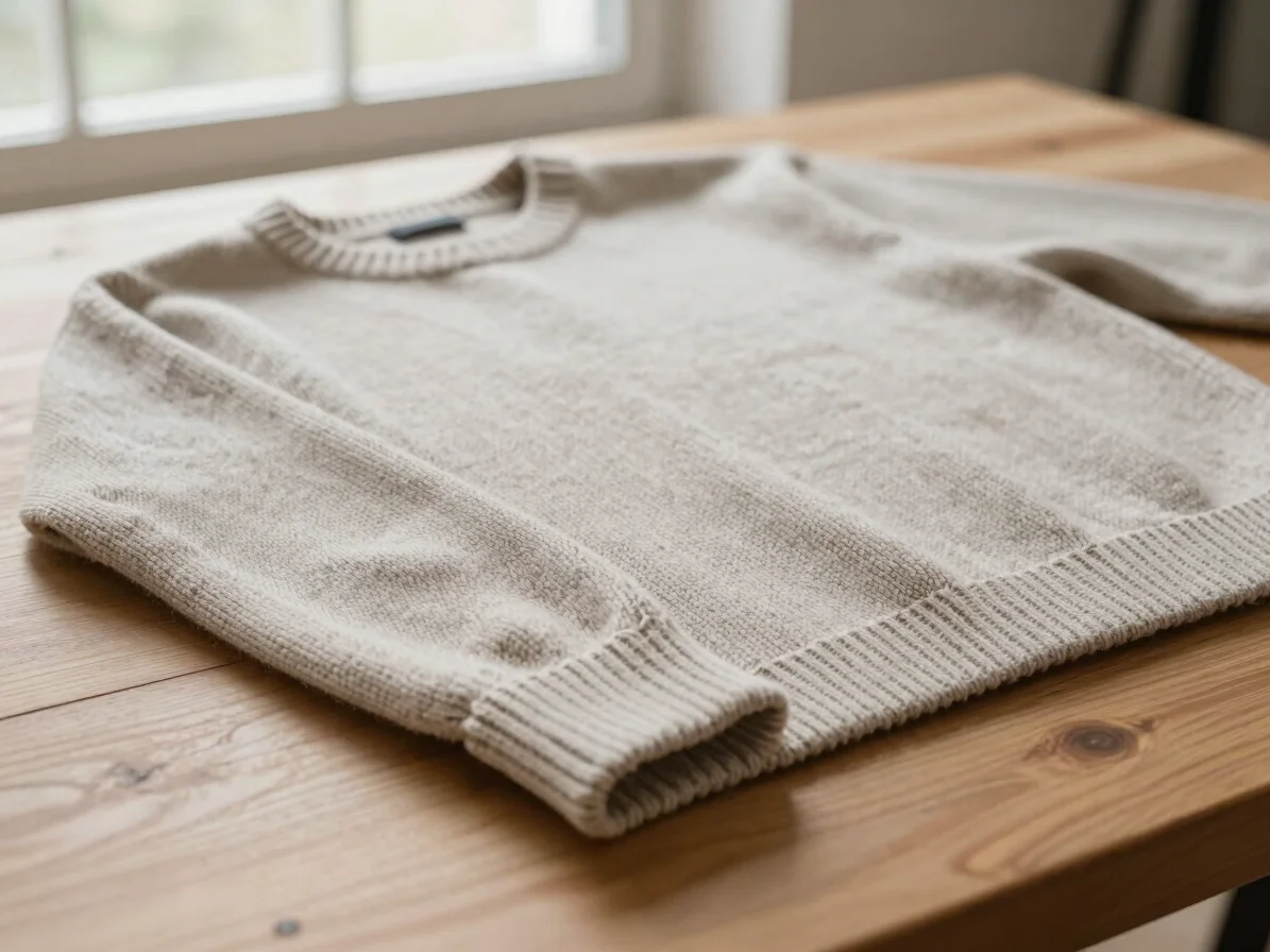 Knitted jersey on a wooden table, soft daylight from a window, close view of cuff ribbing and hem finish, tactile neutra