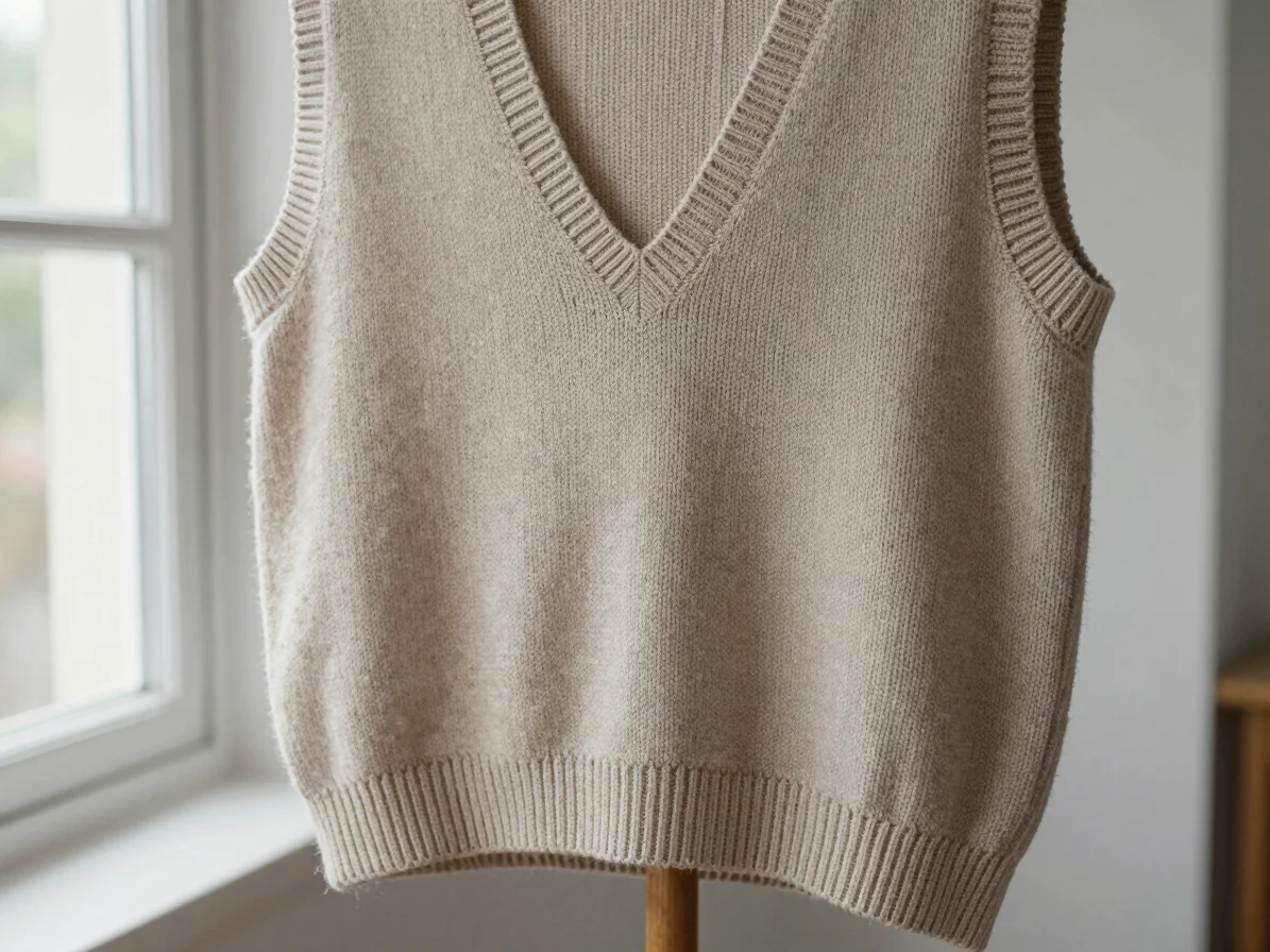 Knitted waistcoat draped over a wooden stand, soft natural light, detail of armhole edge and front shaping, natural text