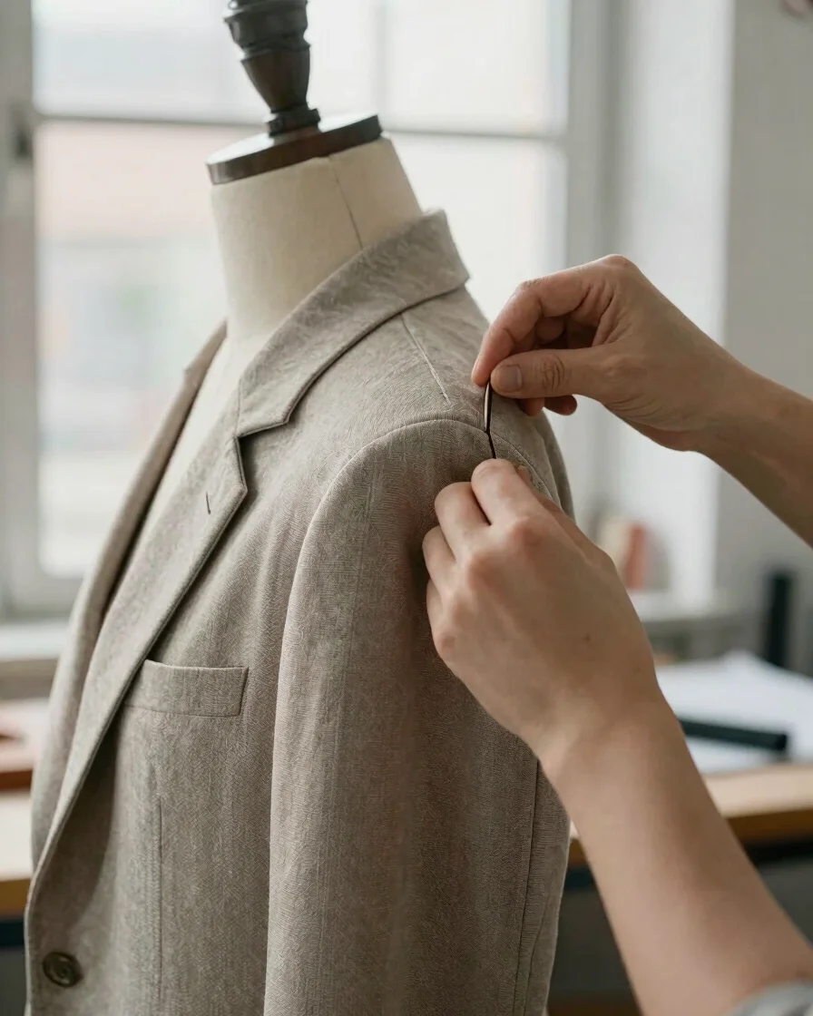 Editorial workshop photograph, soft window daylight, close detail of a tailored jacket's shoulder seam and lapel being p