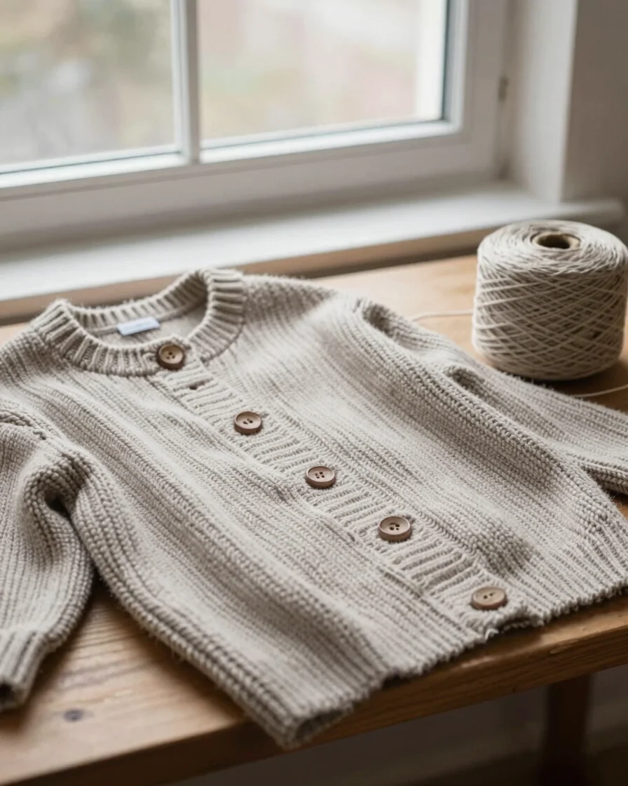 Soft window daylight on a finished knit cardigan draped over a wooden workbench beside a ball of neutral yarn, close-foc