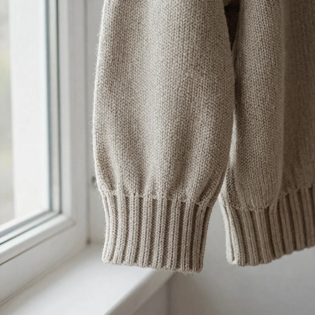 Ribbed cuff finish on a knit pullover, close-focus 35mm, natural texture