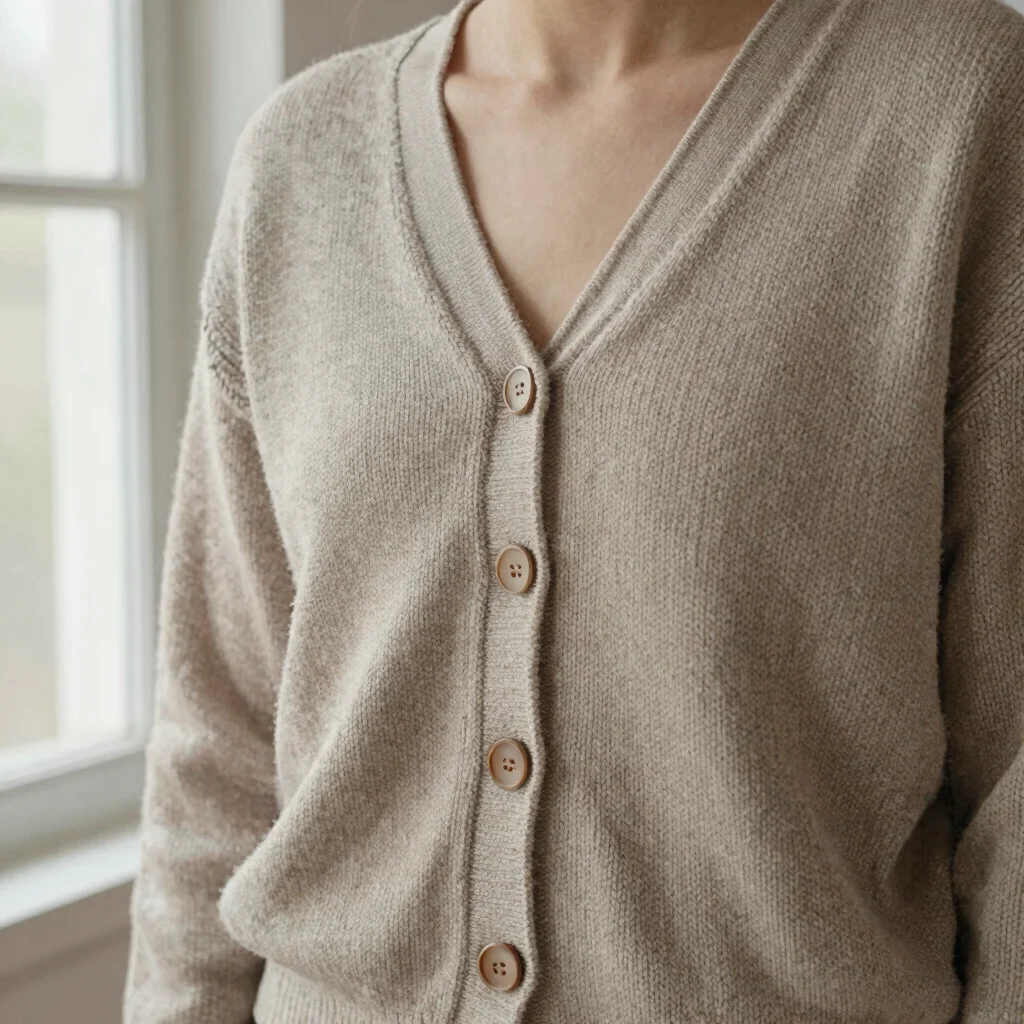 Button band on a knit cardigan with buttons aligned, even workshop light
