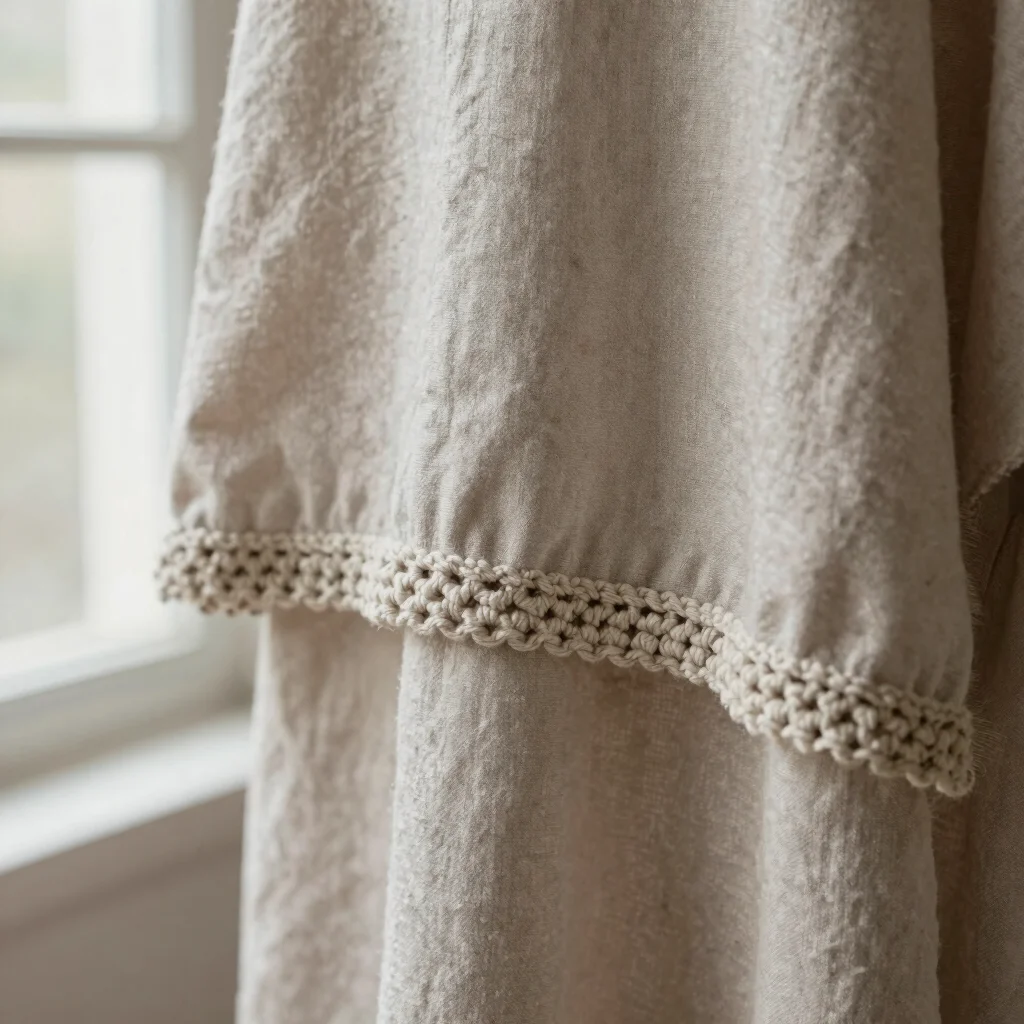 Crocheted edge finish along a garment hem, soft daylight, natural fabric texture