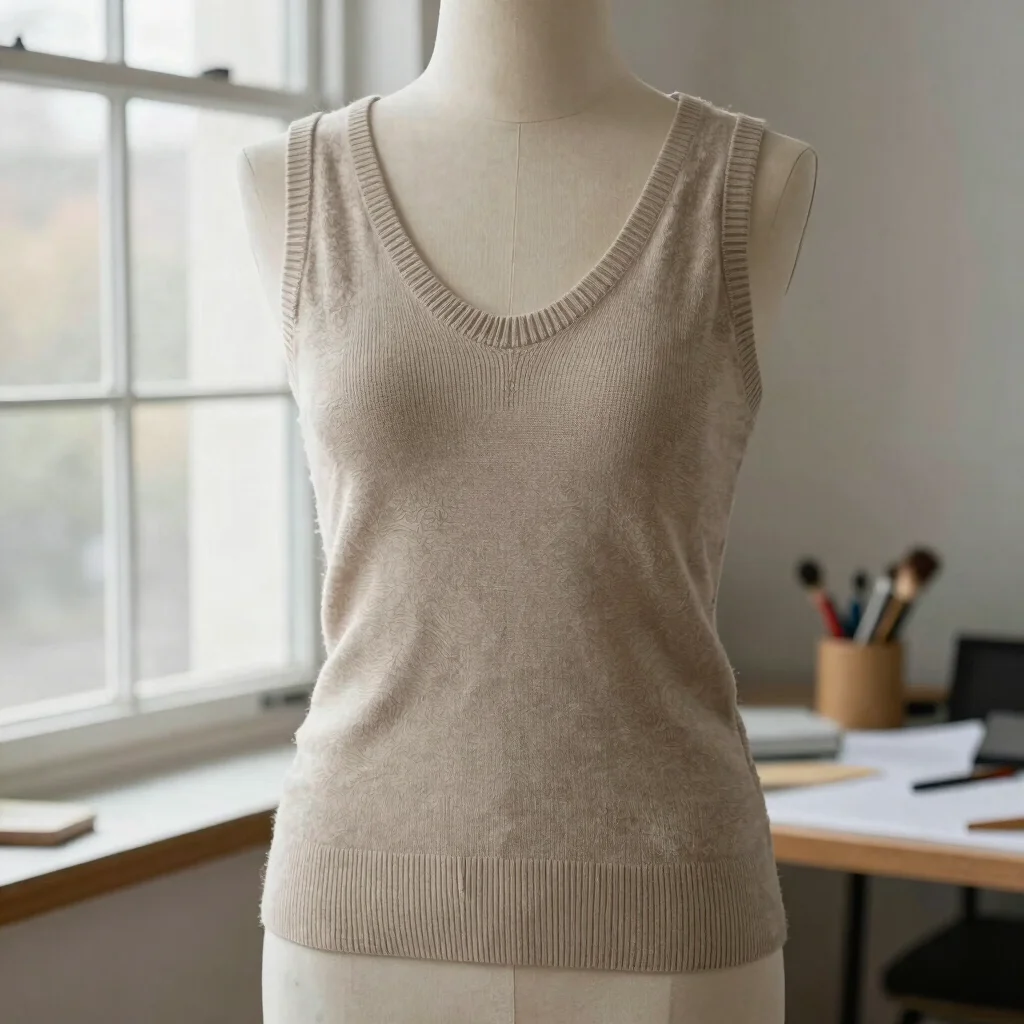 Waistcoat front with knit structure and shaping visible, editorial workshop photography