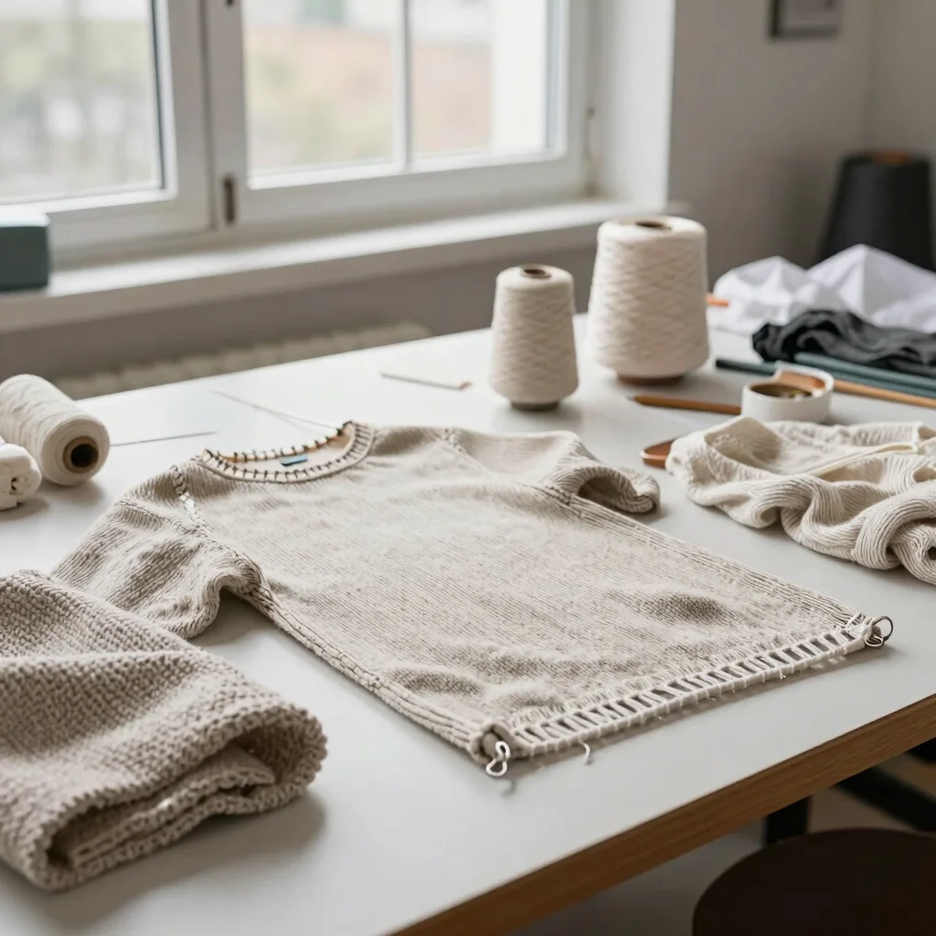 Wide view of the workshop table with knitwear in progress, soft window light