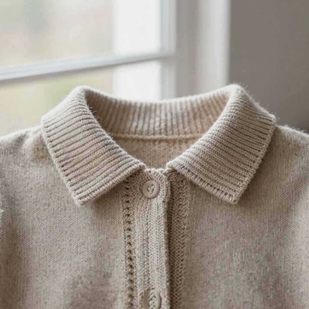 Close detail of a knitted collar join with neat stitch line, soft window daylight, tactile neutral tones